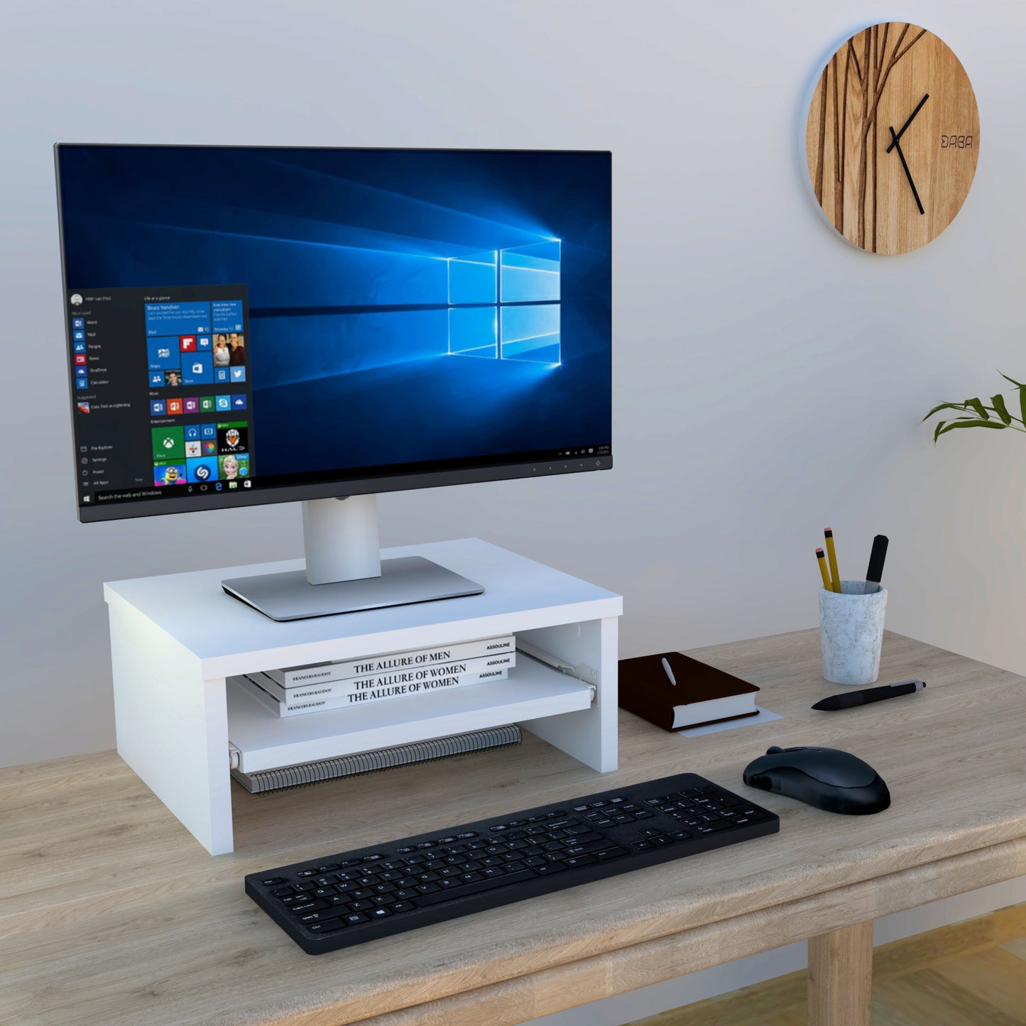 Soporte elevador de monitor o TV con bandeja extraÍble 42-82 x 32 x 18 cm Blanco/Grafito. - Henor Mobiliario