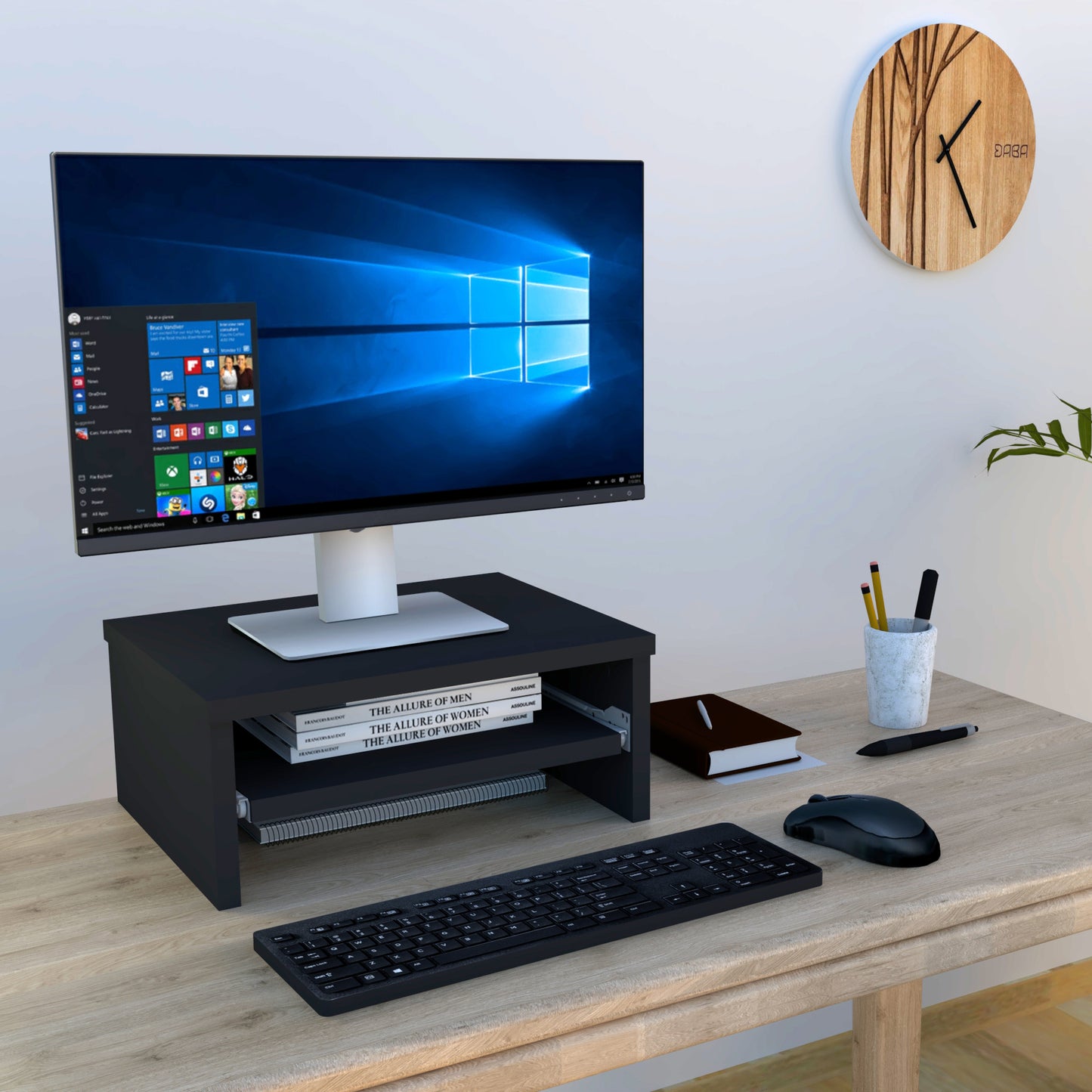 Soporte elevador de monitor o TV con bandeja extraÍble 42-82 x 32 x 18 cm Blanco/Grafito. - Henor Mobiliario