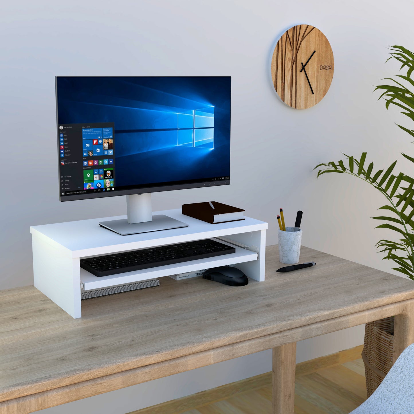 Soporte elevador de monitor o TV con bandeja extraÍble 42-82 x 32 x 18 cm Blanco/Grafito. - Henor Mobiliario