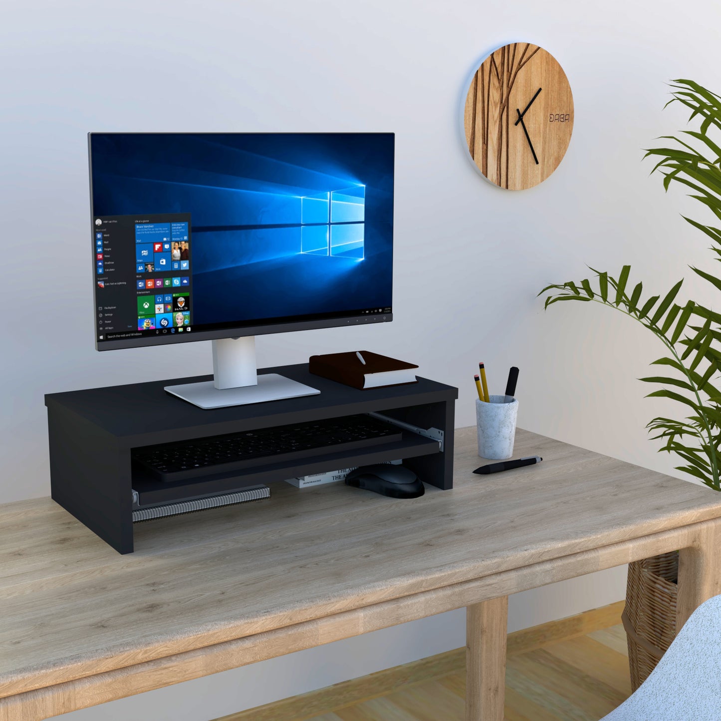 Soporte elevador de monitor o TV con bandeja extraÍble 42-82 x 32 x 18 cm Blanco/Grafito. - Henor Mobiliario