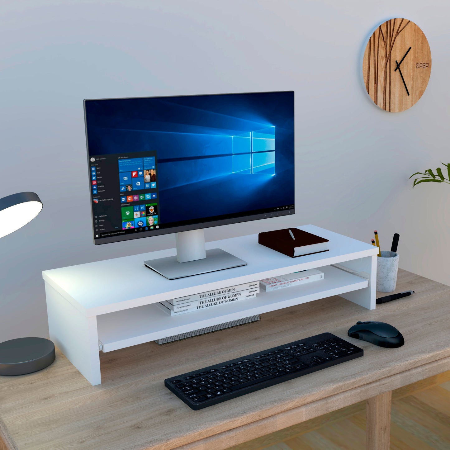 Soporte elevador de monitor o TV con bandeja extraÍble 42-82 x 32 x 18 cm Blanco/Grafito. - Henor Mobiliario
