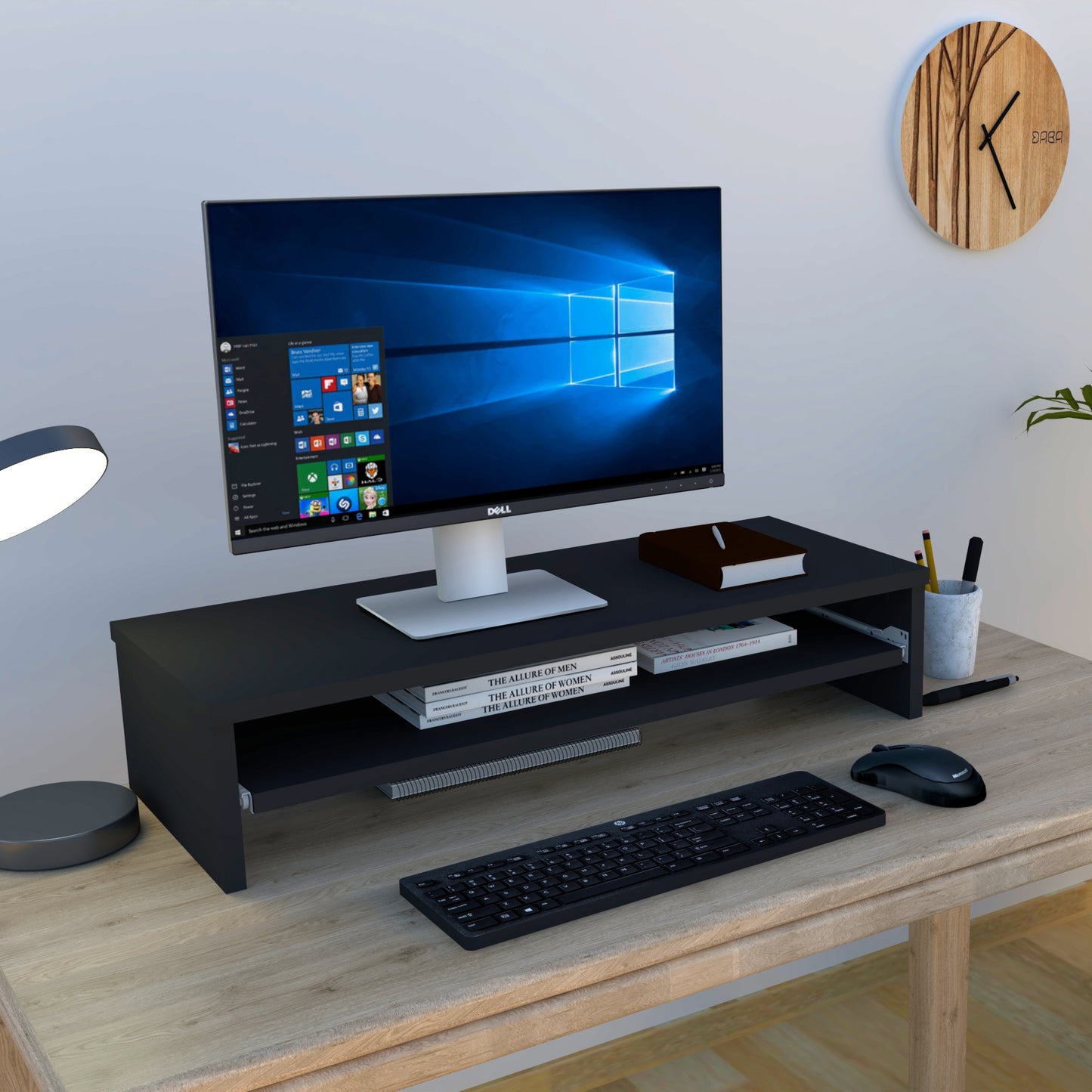 Soporte elevador de monitor o TV con bandeja extraÍble 42-82 x 32 x 18 cm Blanco/Grafito. - Henor Mobiliario