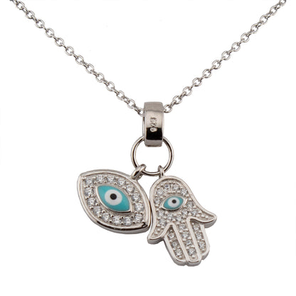 Collar con Colgante Mano de Fátima y Ojo Turco. Plata de Ley.  Baño Rodio. Zirconitas. Cadena Forzatina CL1314799R - Henor
