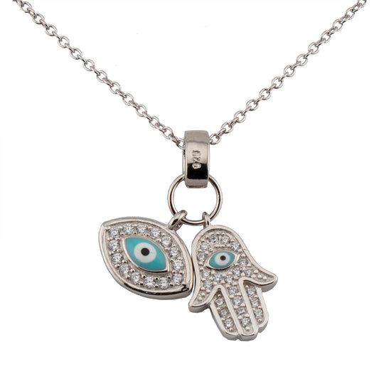 Collar con Colgante Mano de Fátima y Ojo Turco. Plata de Ley.  Baño Rodio. Zirconitas. Cadena Forzatina CL1314799R - Henor
