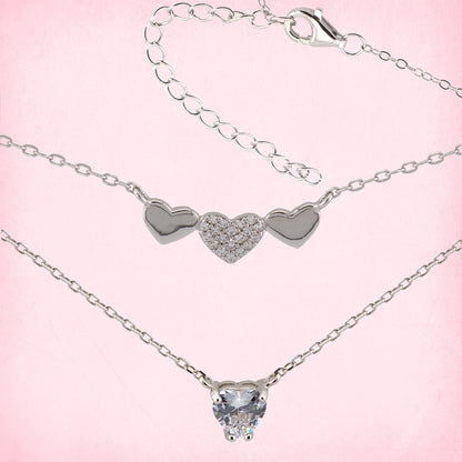 Collar doble. Gargantilla. Colgante corazones doble cadena Forzatina en Plata de Ley S925 bañada en Radio y Zirconita blanca CL1316201R - Henor