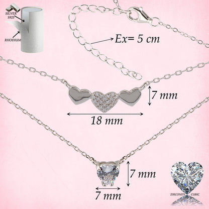 Collar doble. Gargantilla. Colgante corazones doble cadena Forzatina en Plata de Ley S925 bañada en Radio y Zirconita blanca CL1316201R - Henor