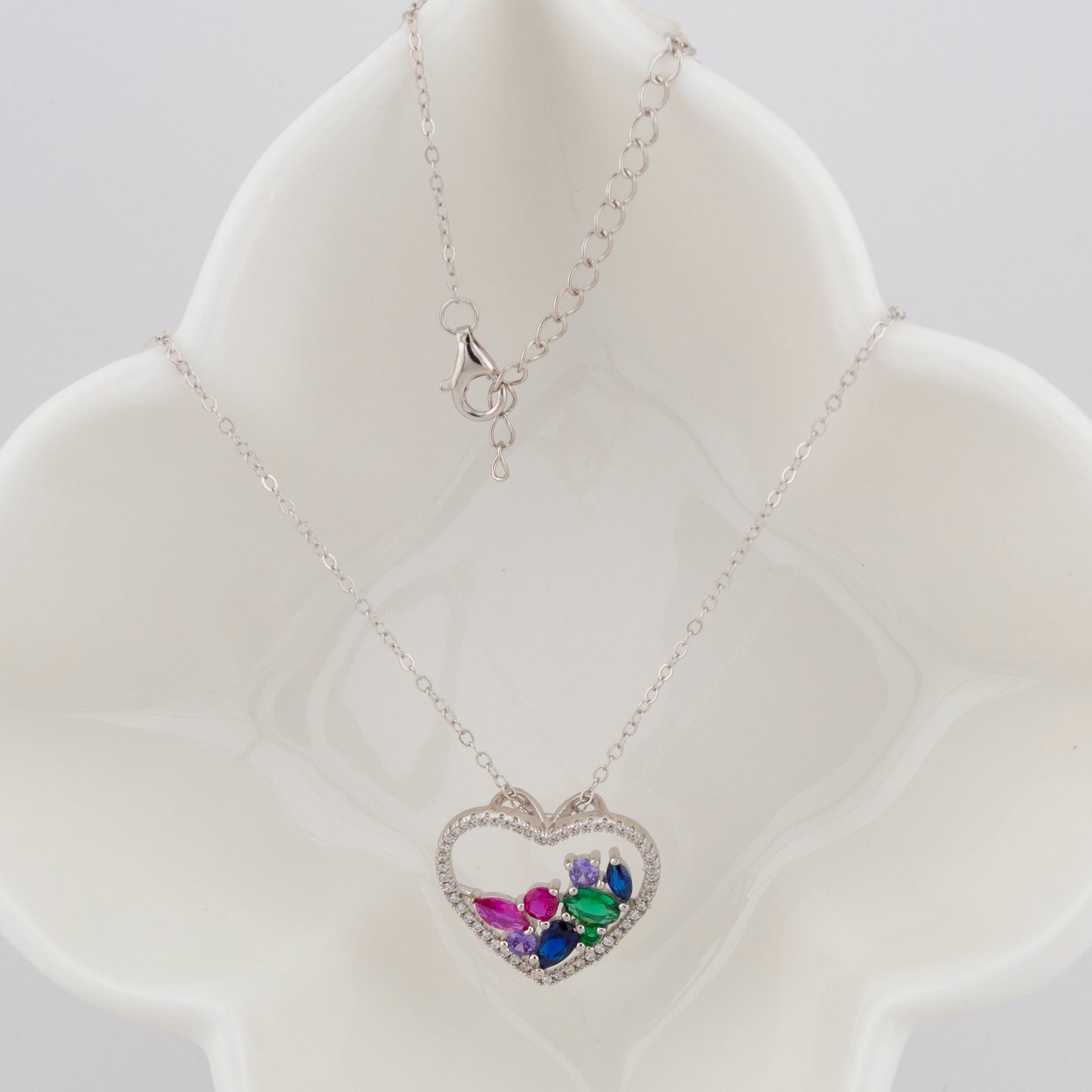 Gargantilla. Cadena con Colgante corazón con Zirconita blanca e interior Zirconitas multicolor Cadena Forzatina Plata de Ley baño en Rodio CL1316686R - Henor