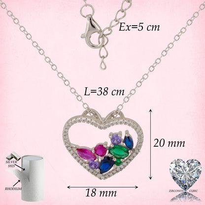 Gargantilla. Cadena con Colgante corazón con Zirconita blanca e interior Zirconitas multicolor Cadena Forzatina Plata de Ley baño en Rodio CL1316686R - Henor