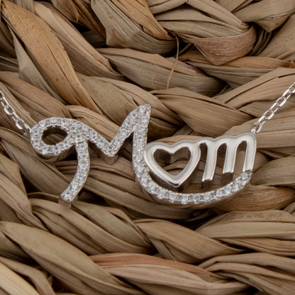 Cadena con Colgante MOM con Corazón. Zirconitas blancas. Plata de Ley S925 Baño Rodio. Cadena Forzatina CL316722R - Henor