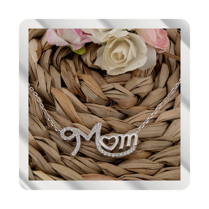 Cadena con Colgante MOM con Corazón. Zirconitas blancas. Plata de Ley S925 Baño Rodio. Cadena Forzatina CL316722R - Henor
