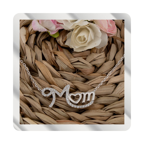 Cadena con Colgante MOM con Corazón. Zirconitas blancas. Plata de Ley S925 Baño Rodio. Cadena Forzatina CL316722R - Henor