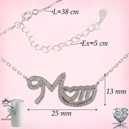 Cadena con Colgante MOM con Corazón. Zirconitas blancas. Plata de Ley S925 Baño Rodio. Cadena Forzatina CL316722R - Henor