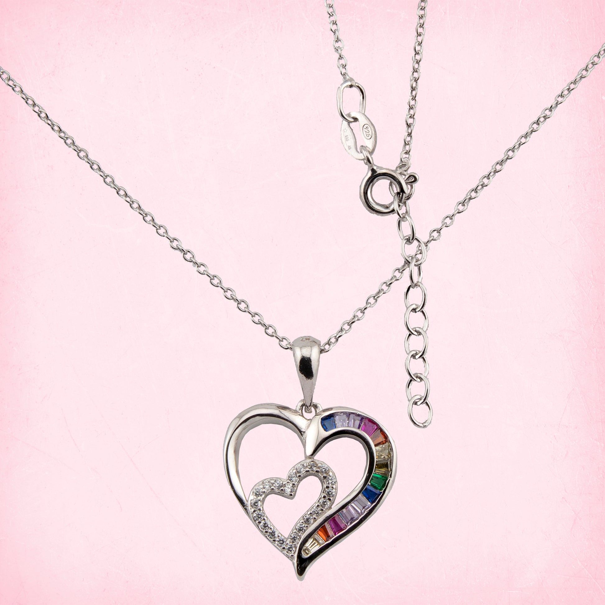 Collar con Colgante Doble Corazón. Zirconitas blanco y multicolor. cadena Forzatina Plata de Ley. baño Rodio. CL1316764R - Henor