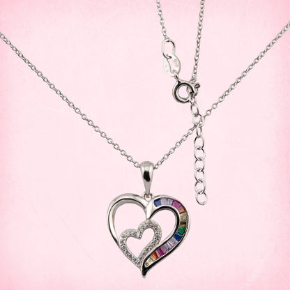 Collar con Colgante Doble Corazón. Zirconitas blanco y multicolor. cadena Forzatina Plata de Ley. baño Rodio. CL1316764R - Henor