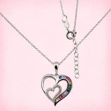 Cargar imagen en el visor de la galería, Collar con Colgante Doble Corazón. Zirconitas blanco y multicolor. cadena Forzatina Plata de Ley. baño Rodio. CL1316764R - Henor
