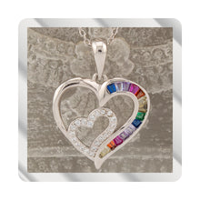 Cargar imagen en el visor de la galería, Collar con Colgante Doble Corazón. Zirconitas blanco y multicolor. cadena Forzatina Plata de Ley. baño Rodio. CL1316764R - Henor
