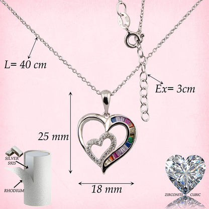 Collar con Colgante Doble Corazón. Zirconitas blanco y multicolor. cadena Forzatina Plata de Ley. baño Rodio. CL1316764R - Henor