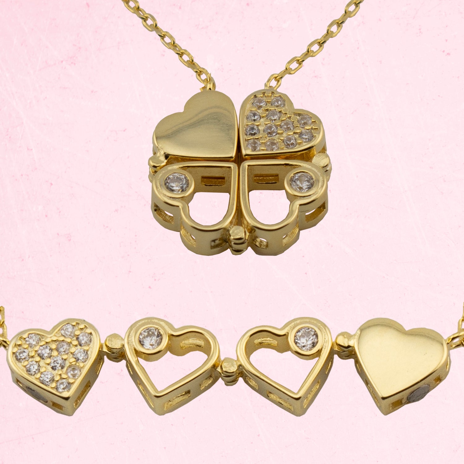 Collar con Colgante Trébol convertible en Corazones con Zirconita. Plata de Ley 925 con Baño Oro 18K. cadena Forzatina CL1316784O - Henor