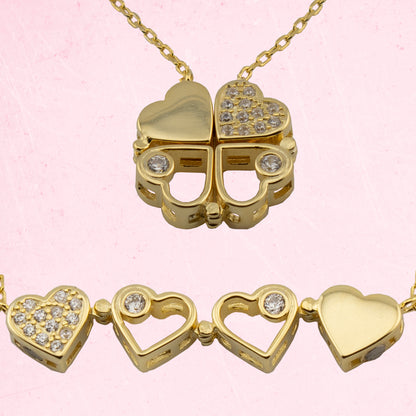 Collar con Colgante Trébol convertible en Corazones con Zirconita. Plata de Ley 925 con Baño Oro 18K. cadena Forzatina CL1316784O - Henor