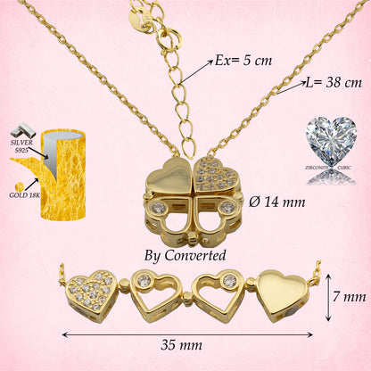 Collar con Colgante Trébol convertible en Corazones con Zirconita. Plata de Ley 925 con Baño Oro 18K. cadena Forzatina CL1316784O - Henor
