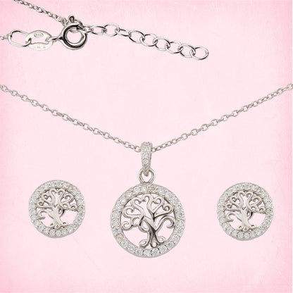 Conjunto Pendientes y Collar con Colgante Árbol de la Vida. Plata de Ley 925 acabado Rodio y Zirconitas. CP4315790R - Henor