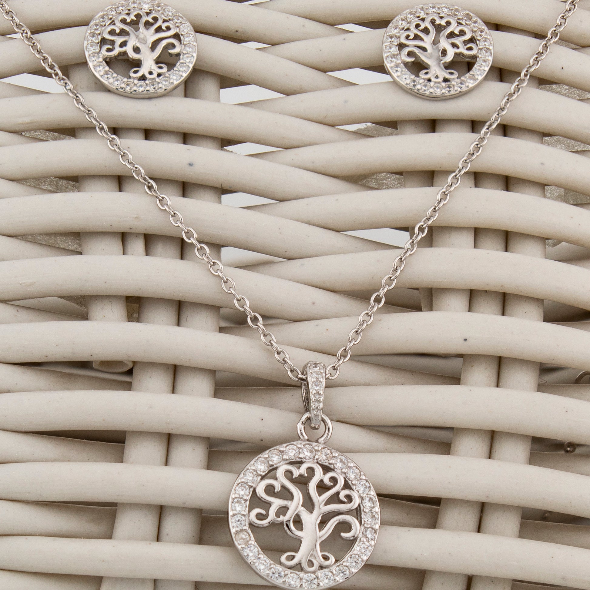 Conjunto Pendientes y Collar con Colgante Árbol de la Vida. Plata de Ley 925 acabado Rodio y Zirconitas. CP4315790R - Henor