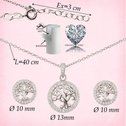 Conjunto Pendientes y Collar con Colgante Árbol de la Vida. Plata de Ley 925 acabado Rodio y Zirconitas. CP4315790R - Henor