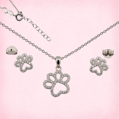 Conjunto Pendientes y Collar con Colgante Huellas Caninas. Cadena ajustable de 40cm a 43cm con cierre reasa. Pendientes en Plata de Ley 925 acabado Rodio y Zirconitas. CP4316205R - Henor
