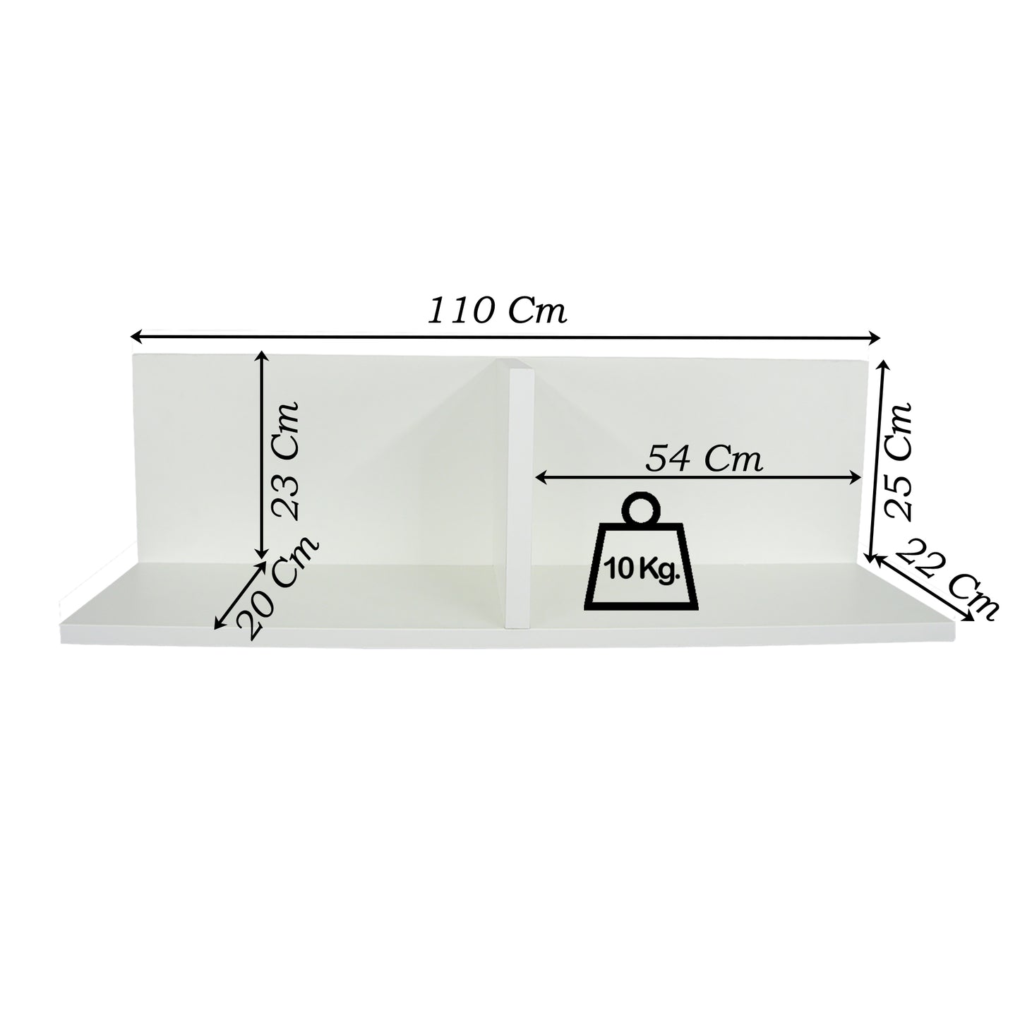 Wandregal mit Holztrennwand 70-110 x 22 x 25 cm. Weiss.