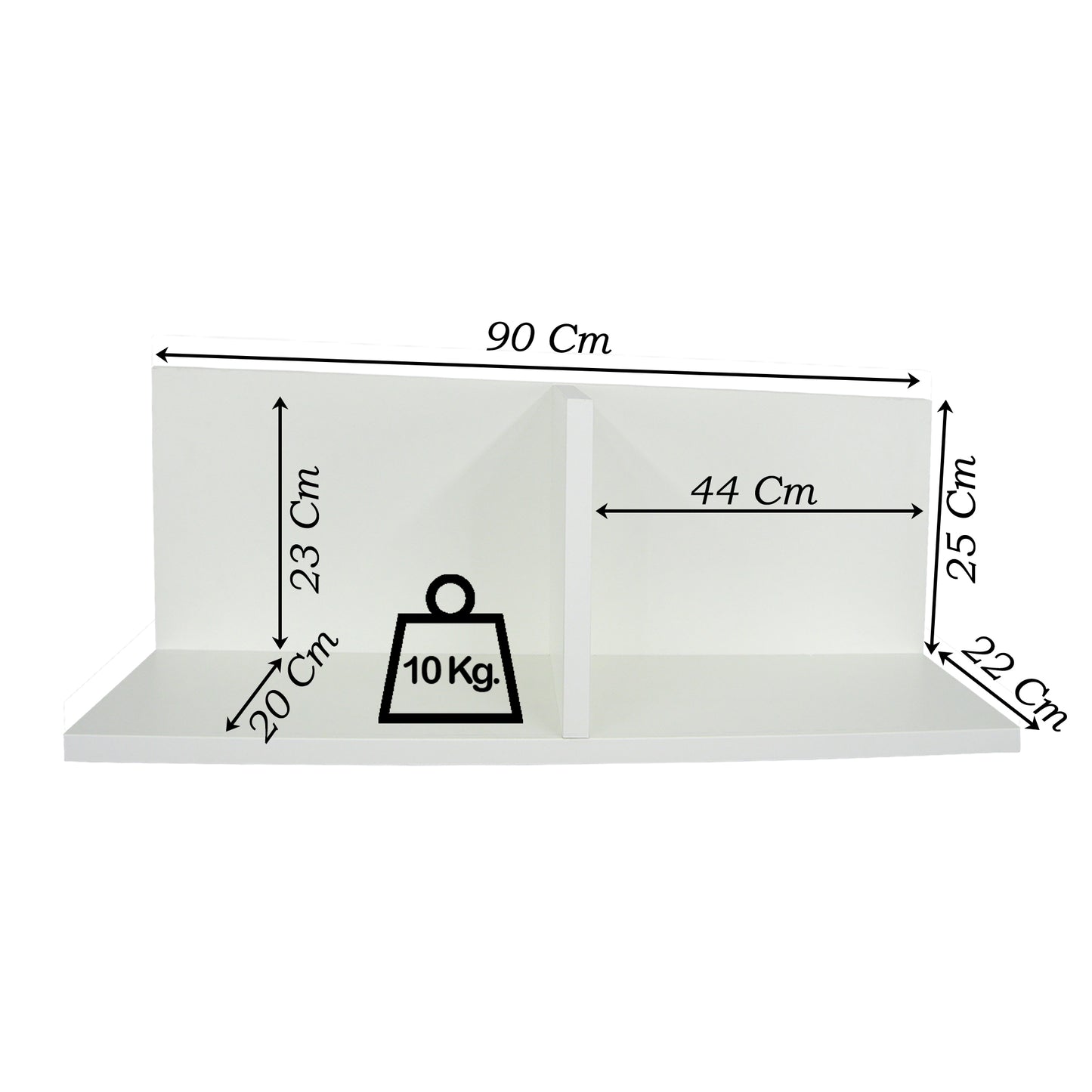 Wandregal mit Holztrennwand 70-110 x 22 x 25 cm. Weiss.