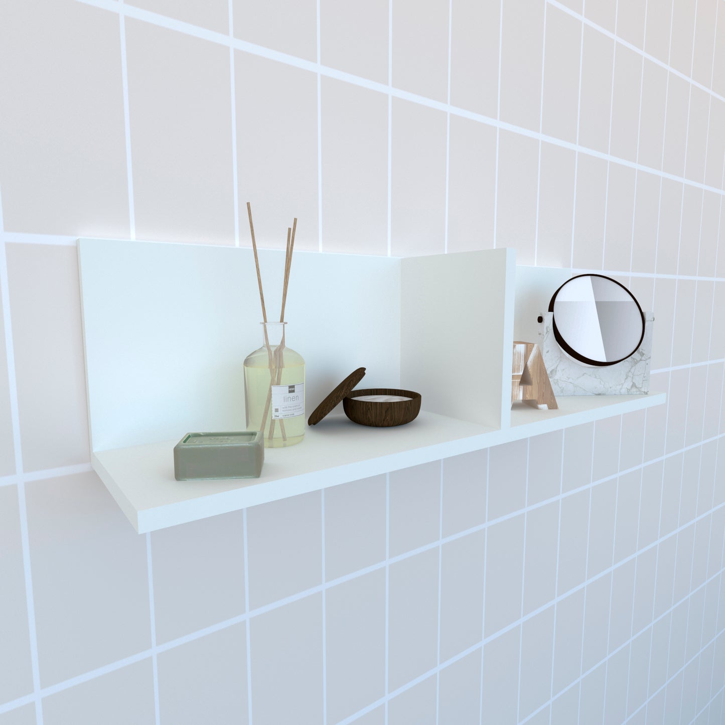 Wandregal mit Holztrennwand 70-110 x 22 x 25 cm. Weiss.