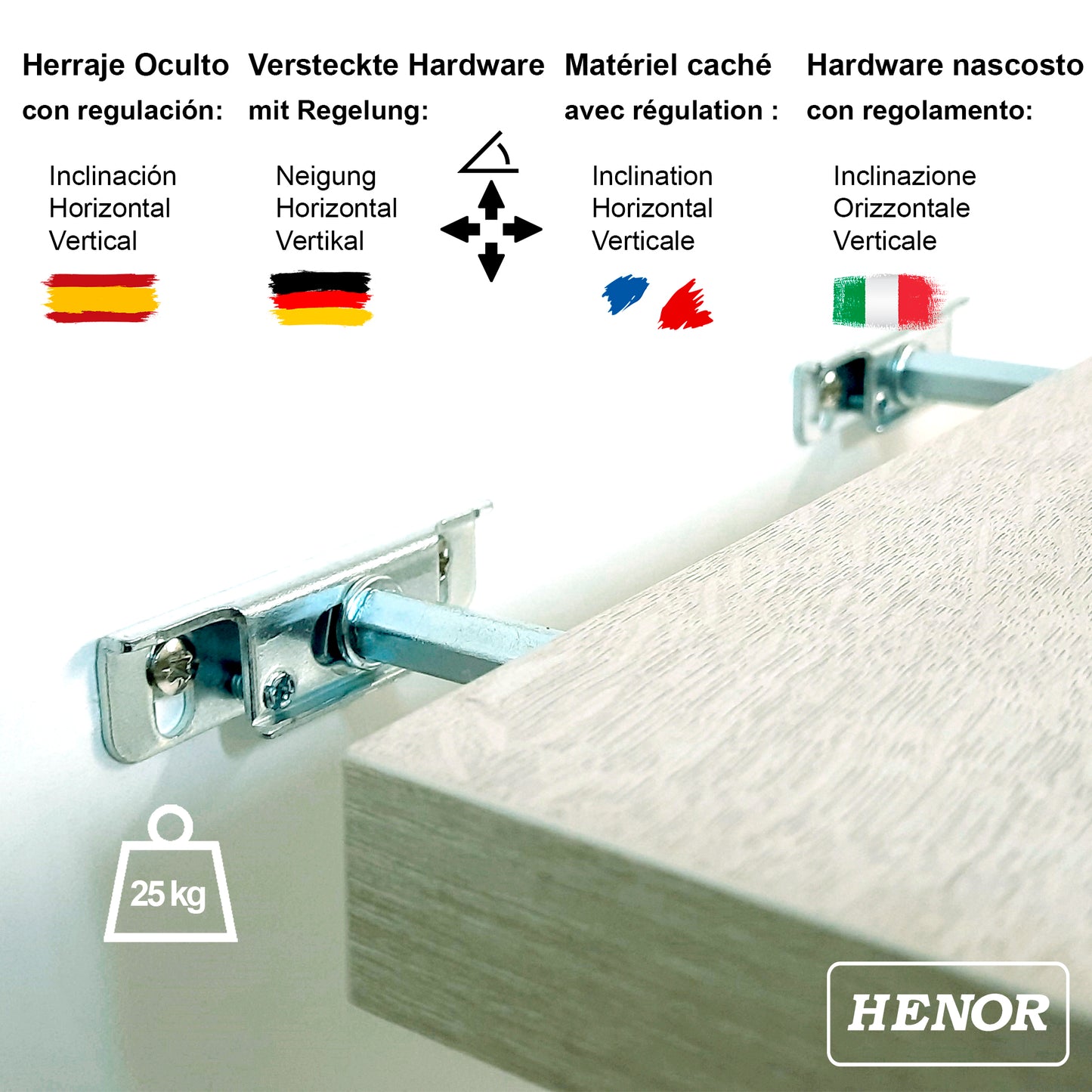 Mensola da parete 30/100 x 20 x 3 cm con accessori nascosti. Carico 20kg Quercia Stel