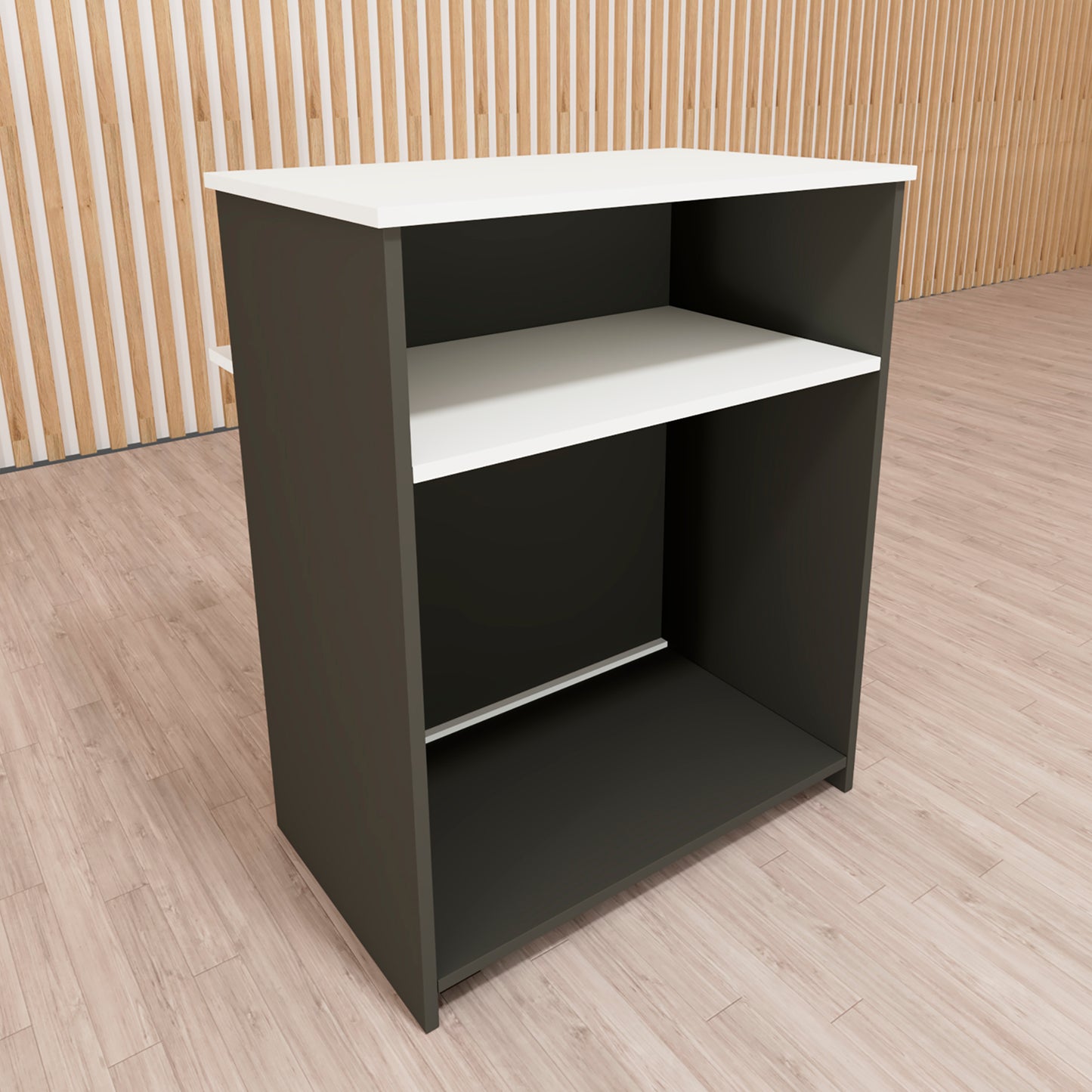 Mostrador Ega Ruedas. 62-82 x 50/65 x 102 cm. 4 Ruedas con Giro y Freno Max. 135kg. Ideal Oficina. Comercio. Clínica. Grafito con Blanco