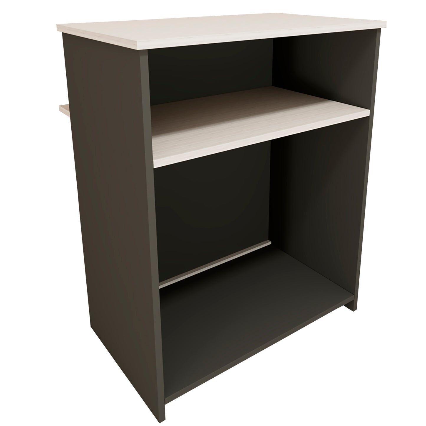 Ega Empfangstheke. 62-82 x 50/65 x 102 cm. Kundendienstmöbel für Büro, Geschäft, Klinik oder Salon. Weiß mit Steloak.