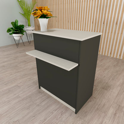 Ega Empfangstheke. 62-82 x 50/65 x 102 cm. Kundendienstmöbel für Büro, Geschäft, Klinik oder Salon. Weiß mit Steloak.