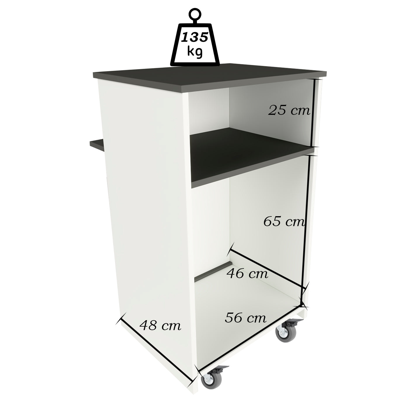 Mostrador Ega Ruedas. 62-82 x 50/65 x 102 cm. 4 Ruedas con Giro y Freno Max. 135kg. Ideal Oficina. Comercio. Clínica. Blanco con Grafito
