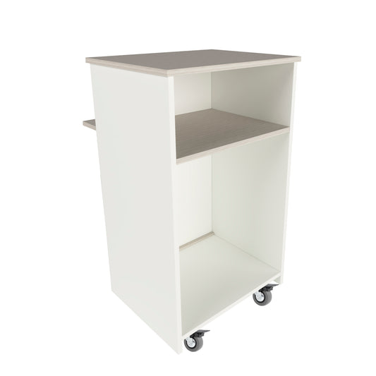 Mostrador Ega Ruedas. 62-82 x 50/65 x 102 cm. 4 Ruedas con Giro y Freno Max. 135kg. Ideal Oficina. Comercio. Clínica. Blanco con Roble Stel