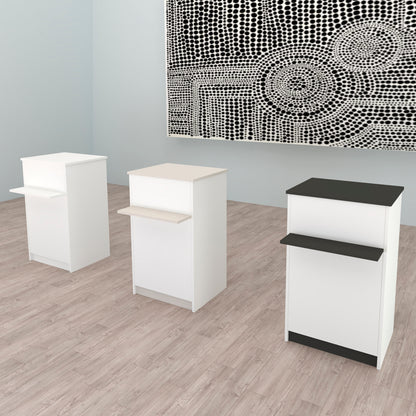 Mostrador de Recepción Ega. 62-82 x 50/65 x 102 cm. Mueble de Atención al Cliente para Oficina, Tienda, Clínica o Salón Blanco.