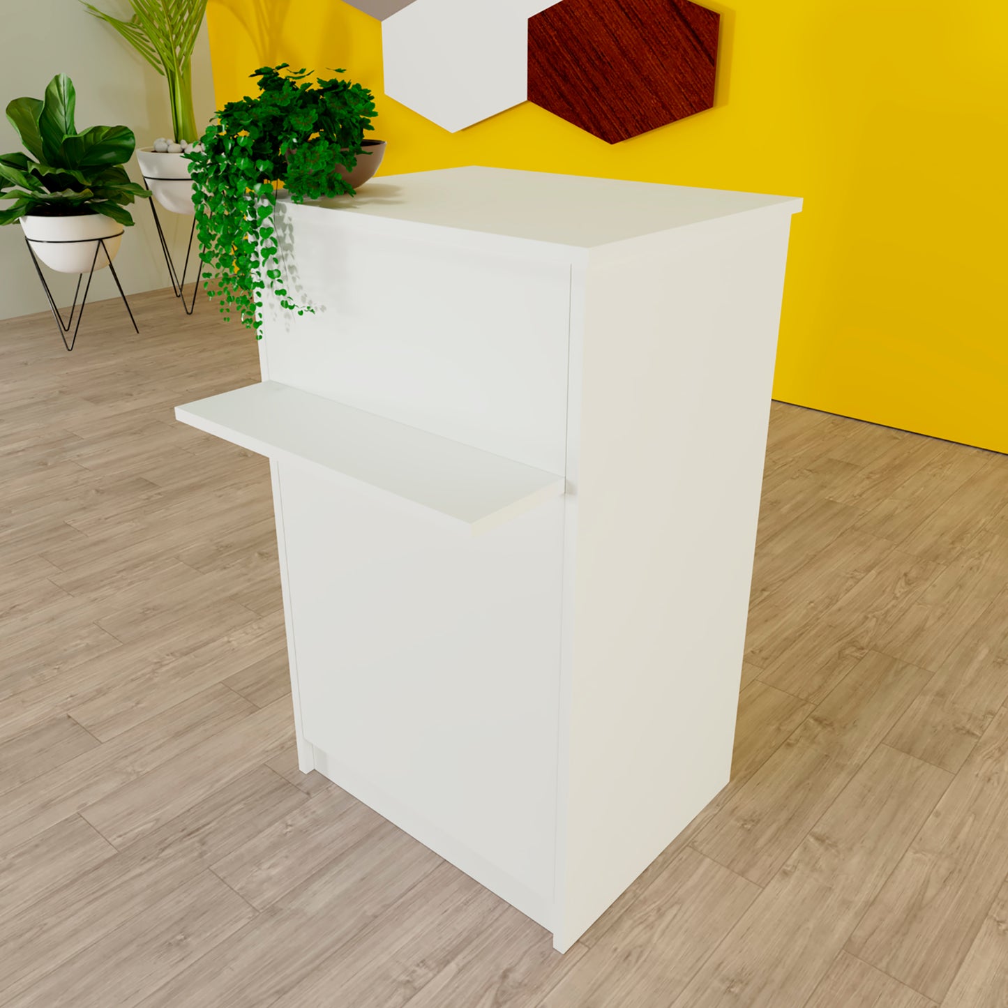 Mostrador de Recepción Ega. 62-82 x 50/65 x 102 cm. Mueble de Atención al Cliente para Oficina, Tienda, Clínica o Salón Blanco.