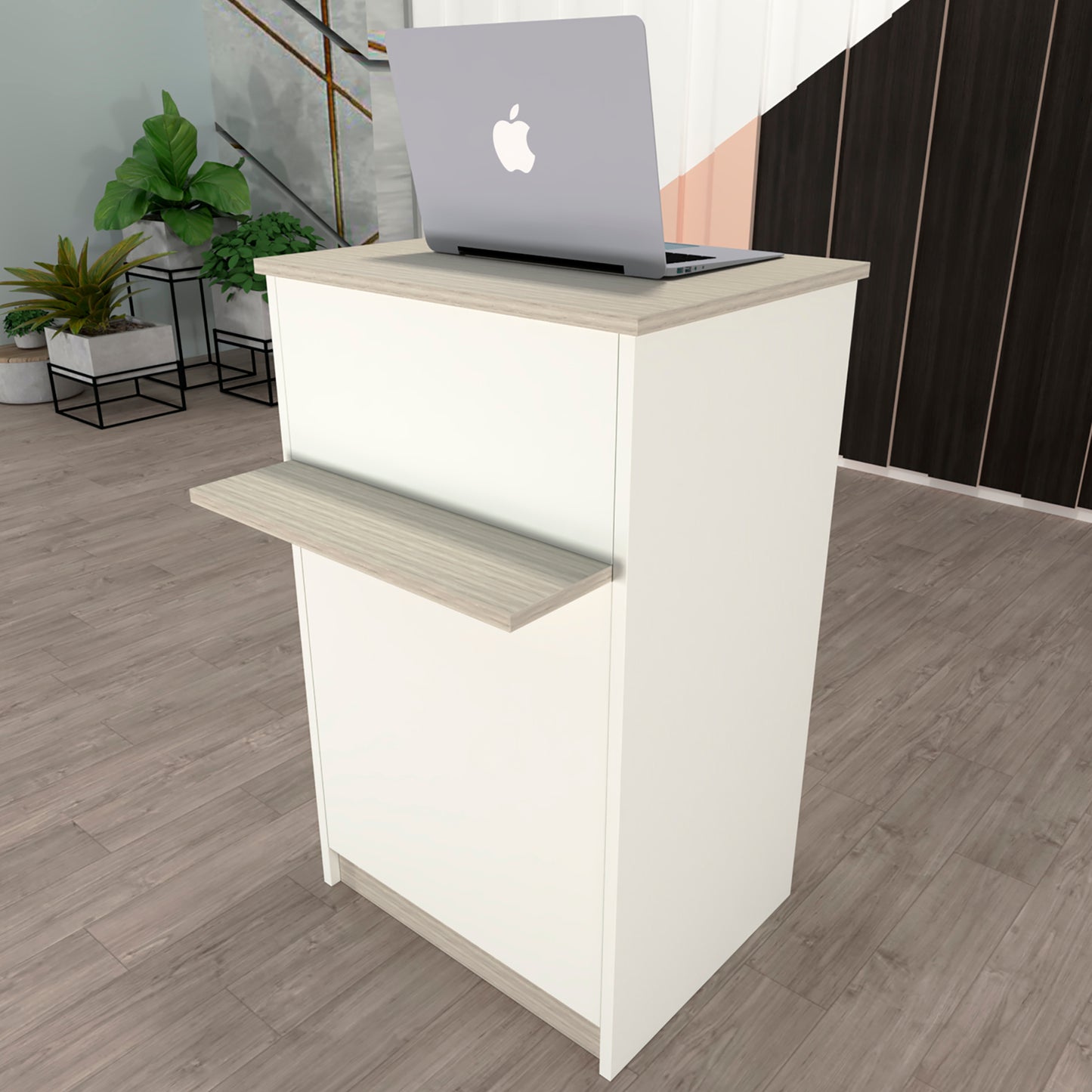 Mostrador de Recepción Ega. 62-82 x 50/65 x 102 cm. Mueble de Atención al Cliente para Oficina, Tienda, Clínica o Salón Blanco con Roble Stel