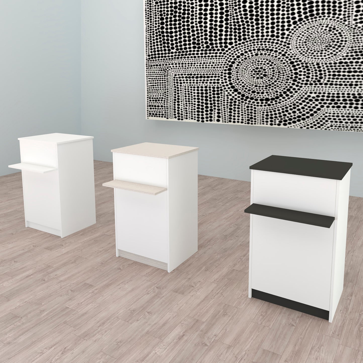 Mostrador de Recepción Ega. 62-82 x 50/65 x 102 cm. Mueble de Atención al Cliente para Oficina, Tienda, Clínica o Salón Blanco con Roble Stel