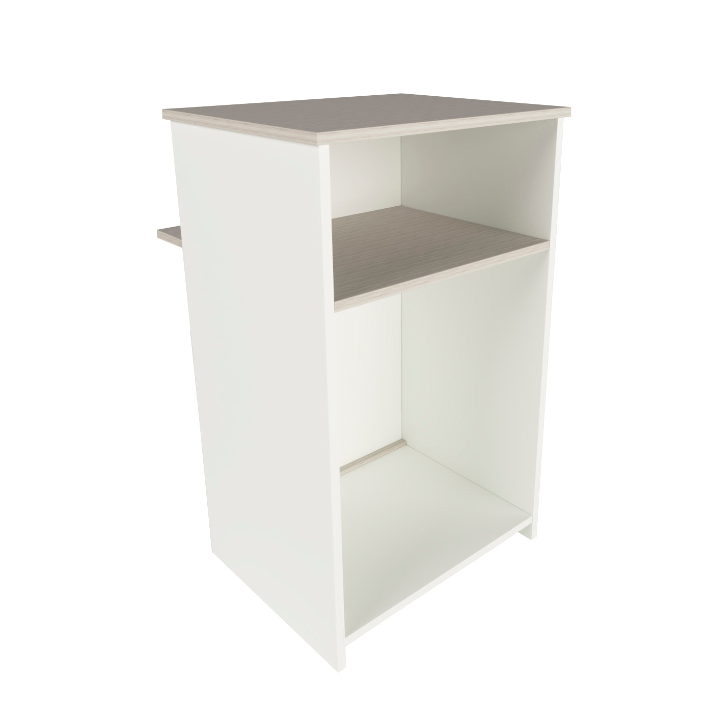 Mostrador de Recepción Ega. 62-82 x 50/65 x 102 cm. Mueble de Atención al Cliente para Oficina, Tienda, Clínica o Salón Blanco con Roble Stel