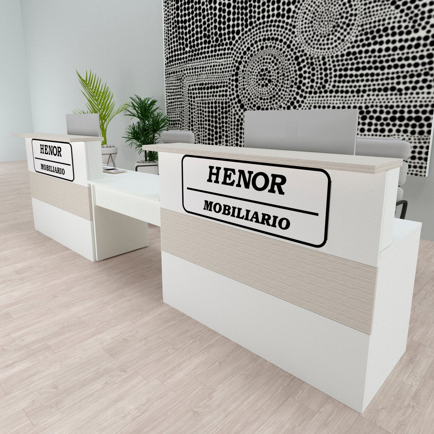 Bancone servizio clienti Cidacos. 100/180x60/75x110 cm. Con tavolo interno. Bianco + Rovere Stel.