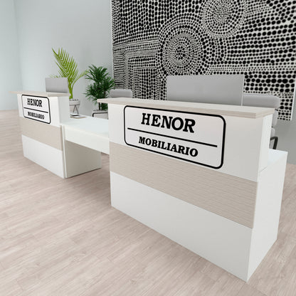 Bancone servizio clienti Cidacos. 100/180x60/75x110 cm. Con tavolo interno. Bianco + Rovere Stel.