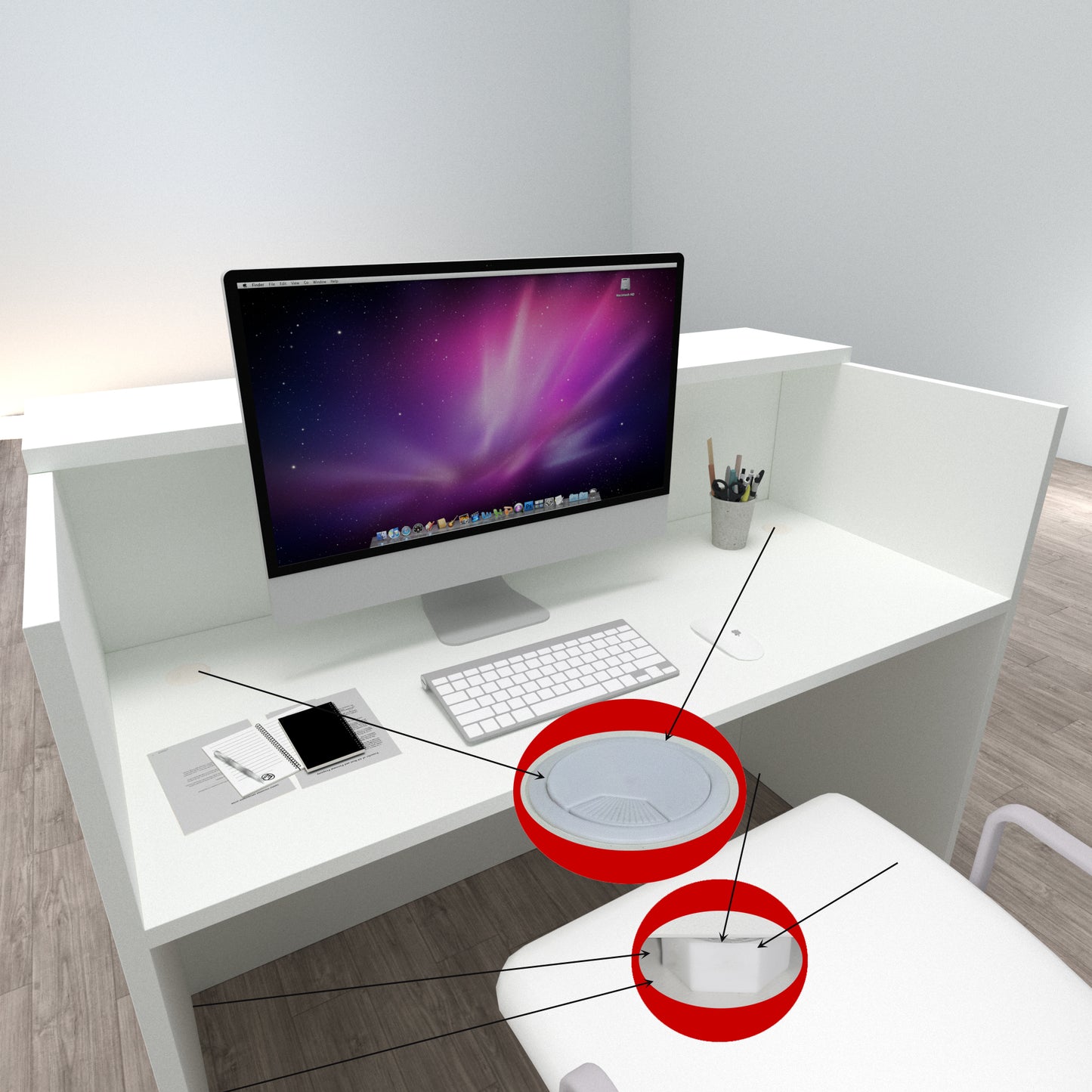 Banco reception Ebro. 100/180x60/75x110 cm. Con tavolo interno. Bianco. 