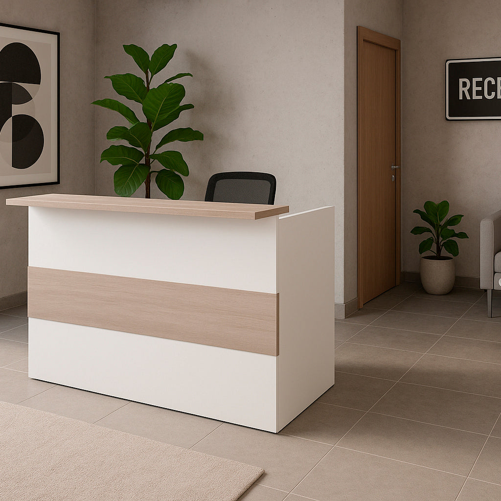 Banco reception Ebro. 100/180x60/75x110 cm. Con tavolo interno. Bianco + rovere Stel.