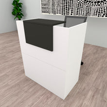 Carica l&#39;immagine nel visualizzatore di Gallery, Mostrador Recepción OJA. 80/100x50x107 cm. Con mesa interior. Blanco y Grafito
