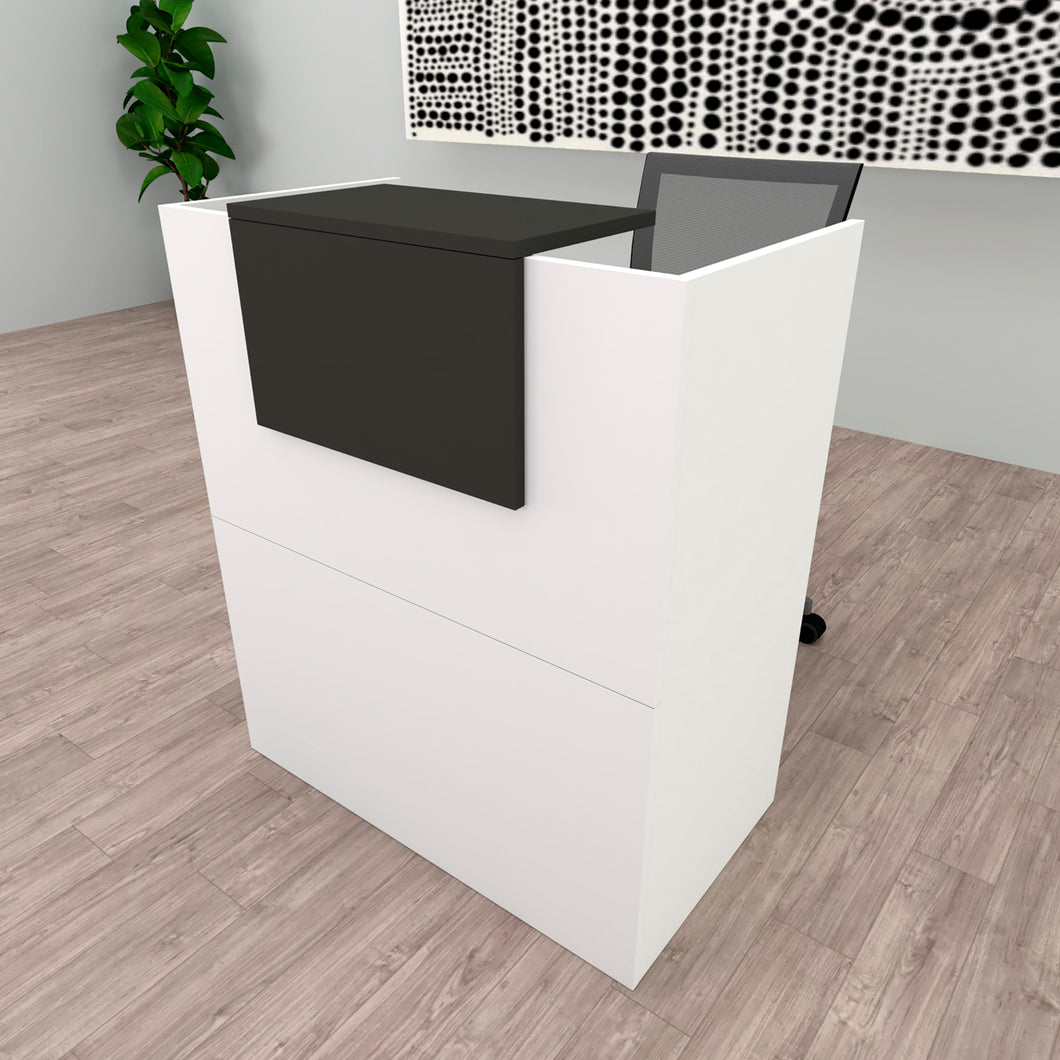 Mostrador Recepción OJA. 80/100x50x107 cm. Con mesa interior. Blanco y Grafito