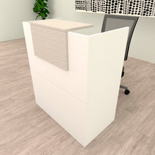 Carica l&#39;immagine nel visualizzatore di Gallery, Mostrador Recepción OJA. 80/100x50x107 cm. Con mesa interior. Blanco y Roble Stel
