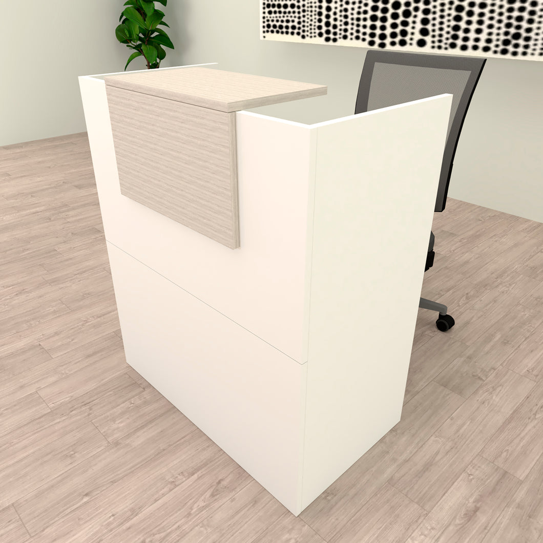 Mostrador Recepción OJA. 80/100x50x107 cm. Con mesa interior. Blanco y Roble Stel